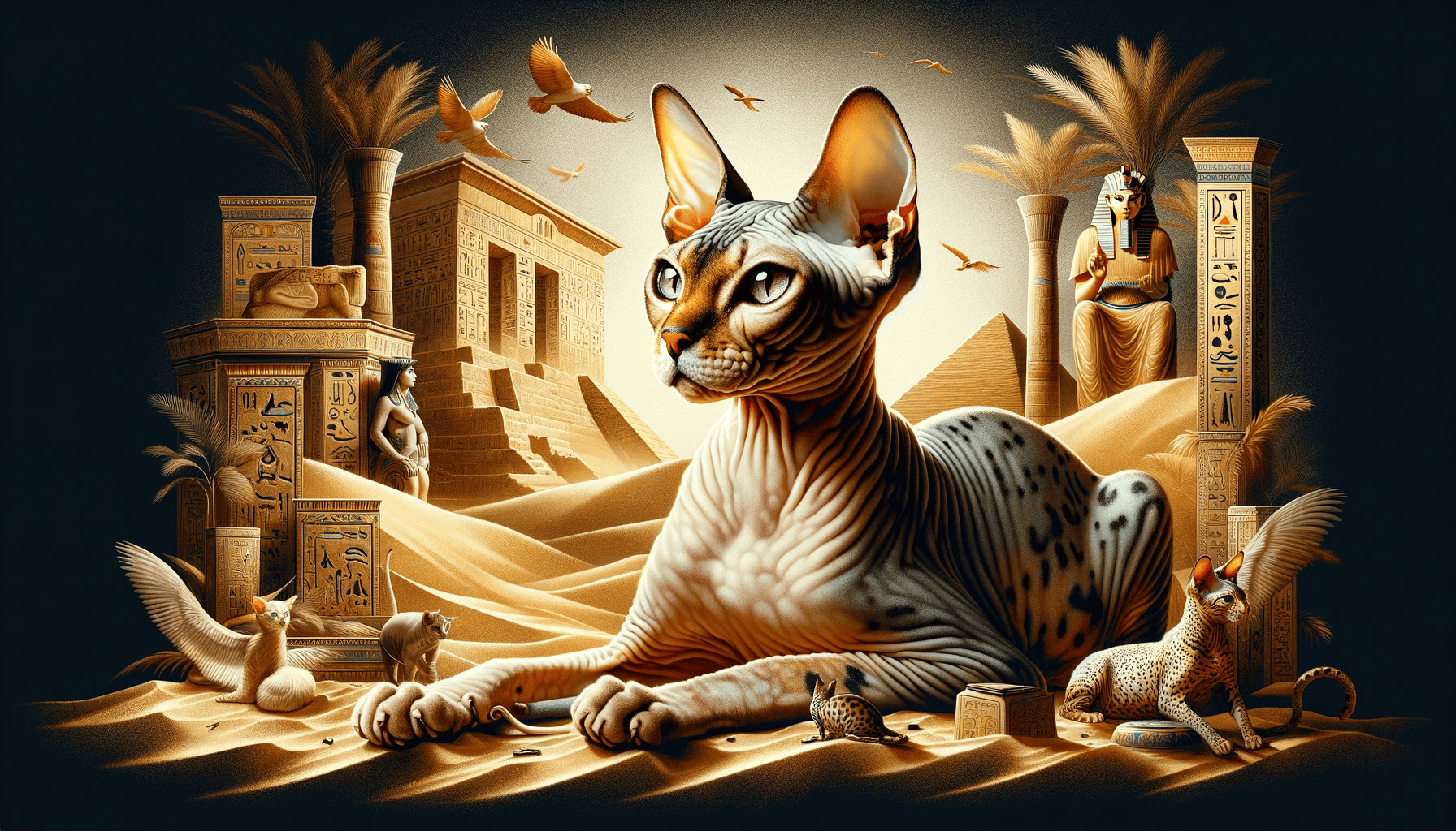 un Gato Esfinge junto a otros gatos egipcios, rodeados de símbolos de la cultura antigua de Egipto