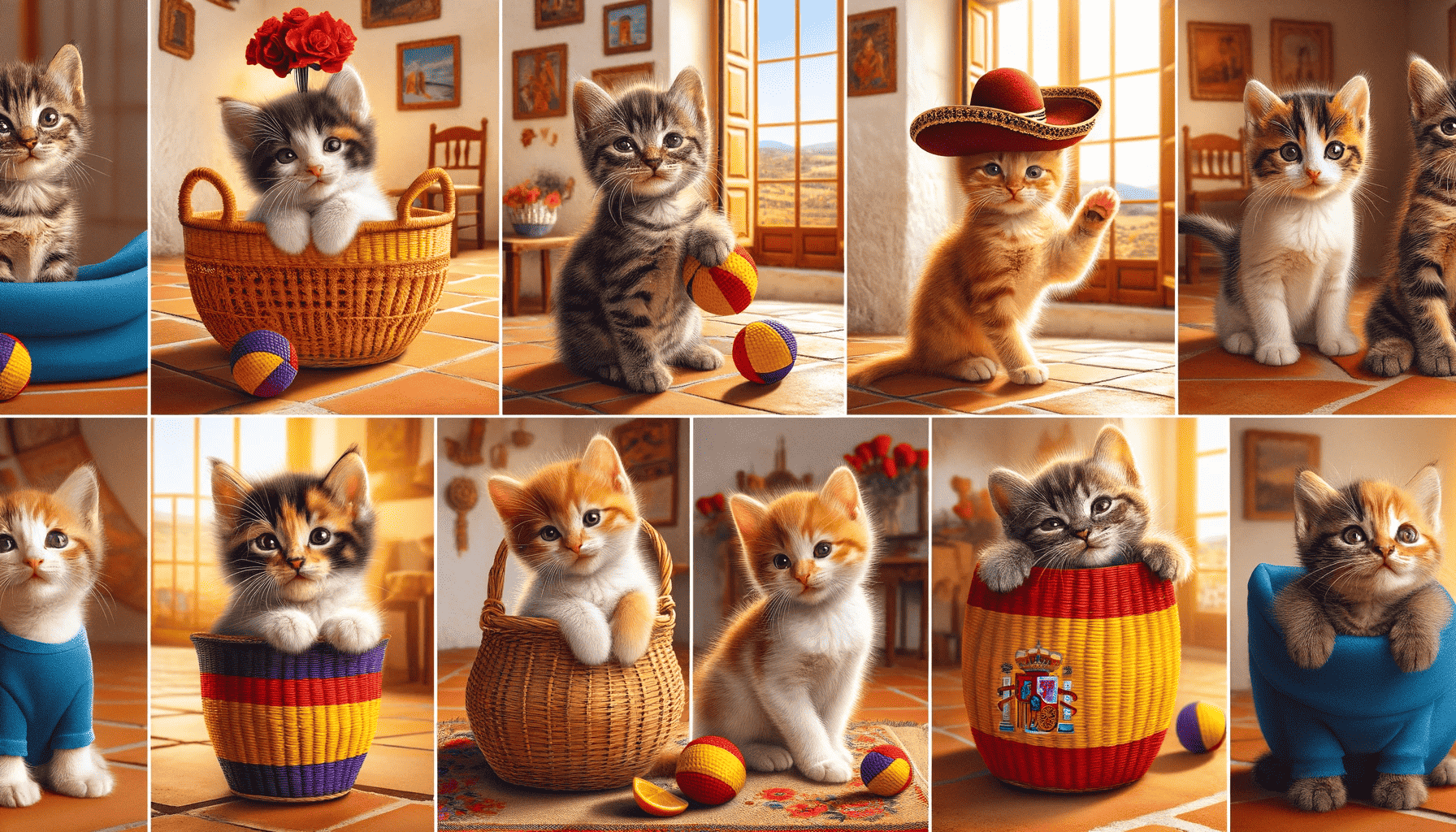 Varios gatitos jugando con temas españoles en una habitación soleada, evocando la cultura y la calidez de España