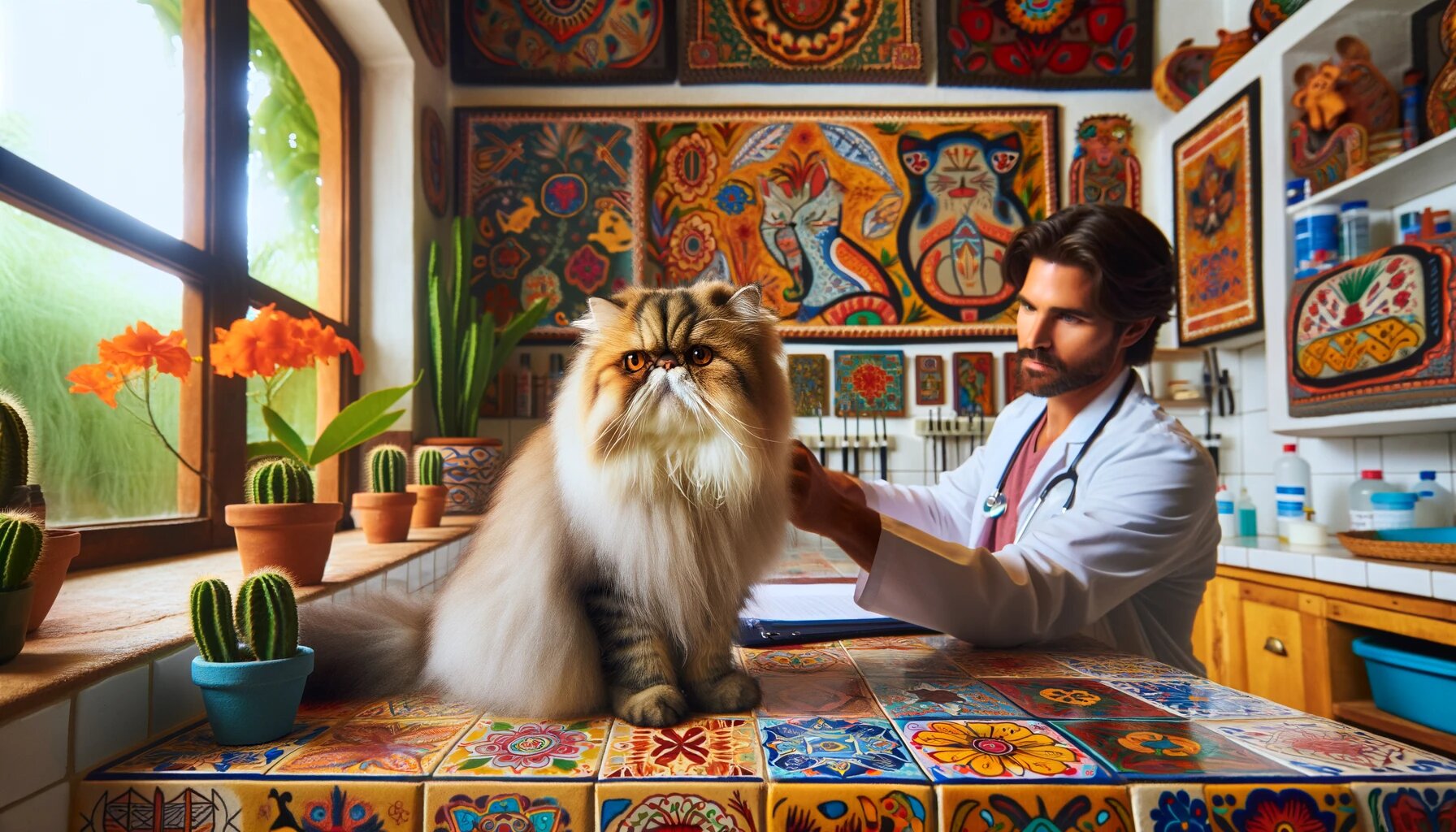 Gato persa en veterinario, decoración mexicana con azulejos cerámicos pintados y textiles vibrantes, interacción con el veterinario.